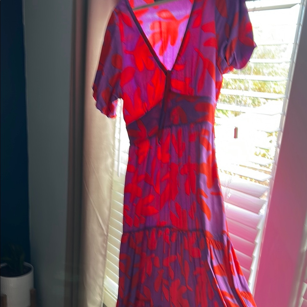 Mister Zuni Vibrant Red and Purple puff sleeves Women's Dress